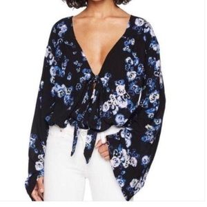 Free People VNeck Tie Floral Belle Sleeve BodySuit